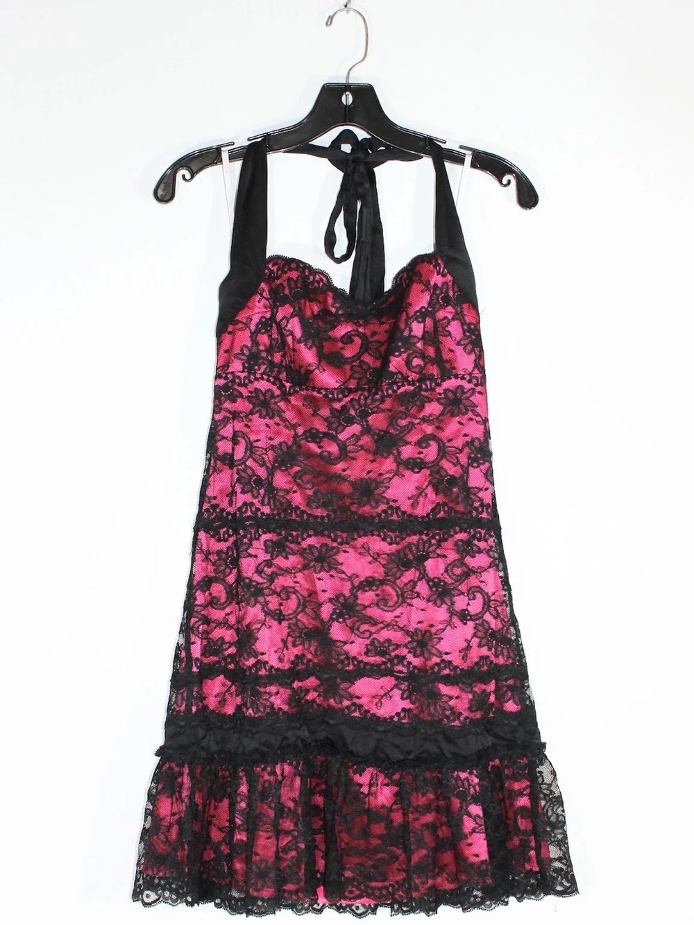 Betsey Johnson Hot Pink and Black Lace Halter Mini Dress